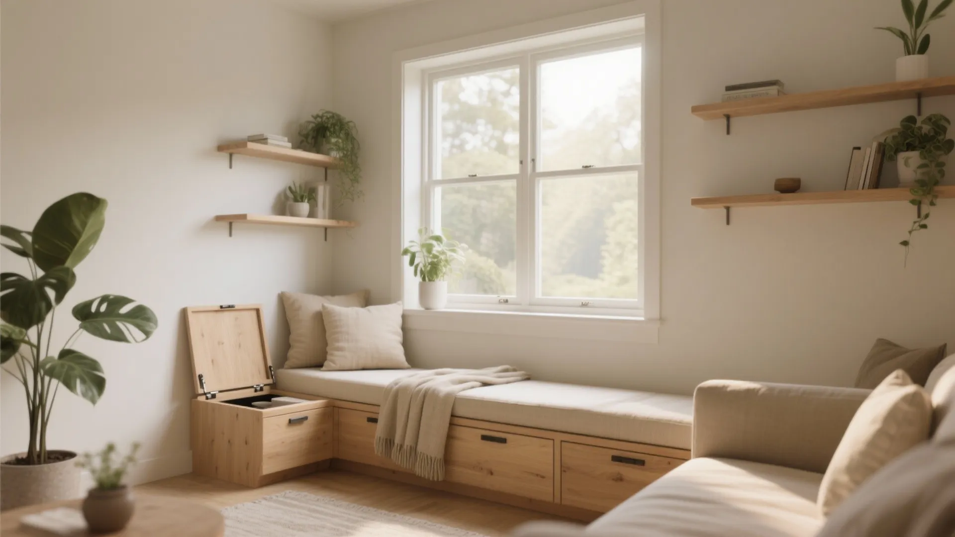 Modern living room with window seat storage bench open cabinet beige pillows and wall shelves