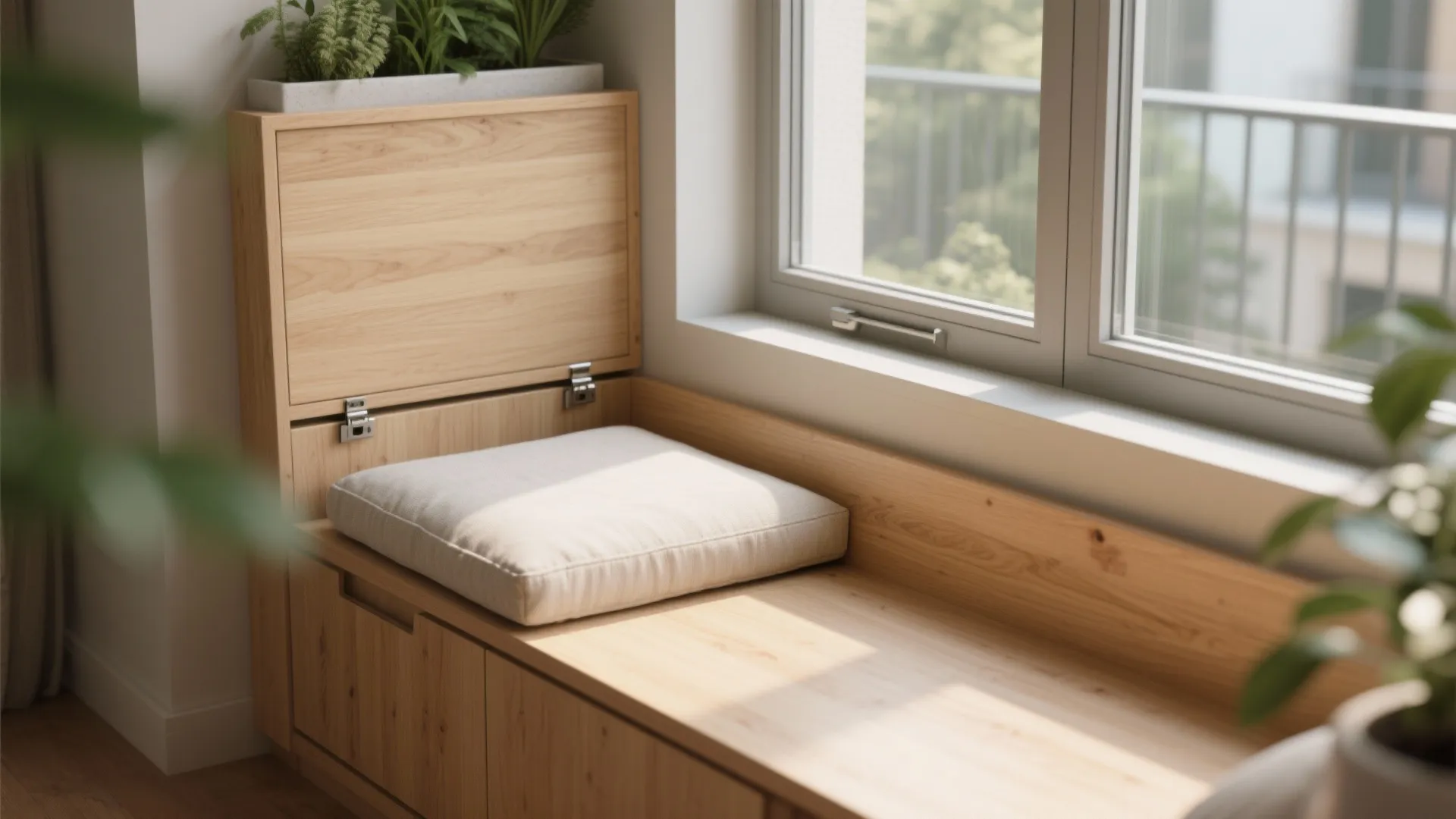 Detail of a window seat with hidden storage beneath a balcony window design, showing oak veneer and soft-close hardware.