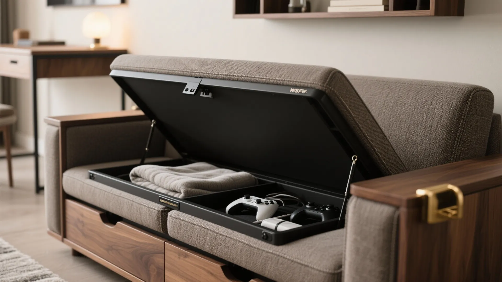 Brown sofa with open storage compartment containing game controllers blanket and wooden armrest gold detail