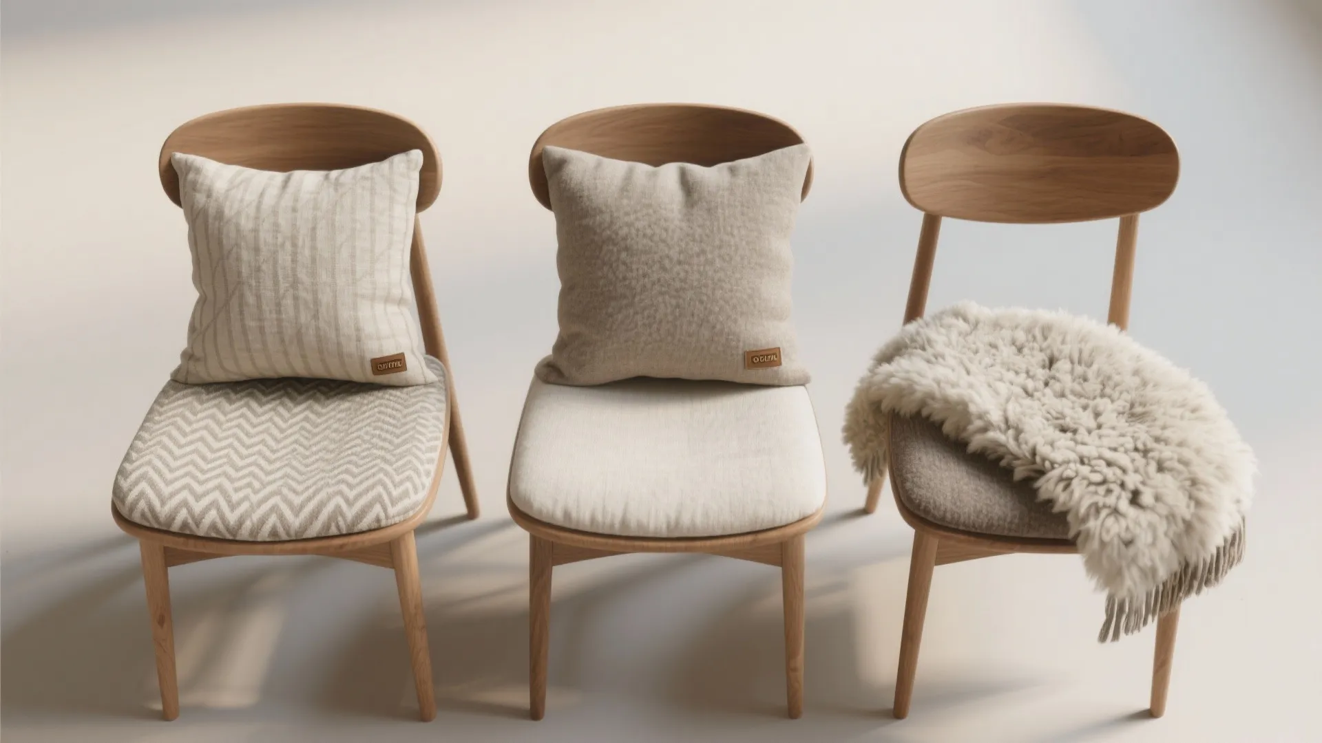 Three wooden chairs with different fabric textures including pillows and a soft white fuzzy blanket