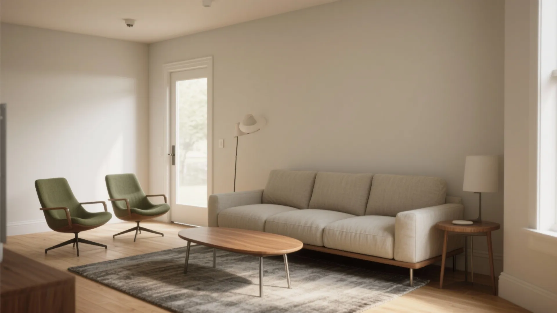 Living room featuring a long beige sofa wooden coffee table grey rug and two green chairs