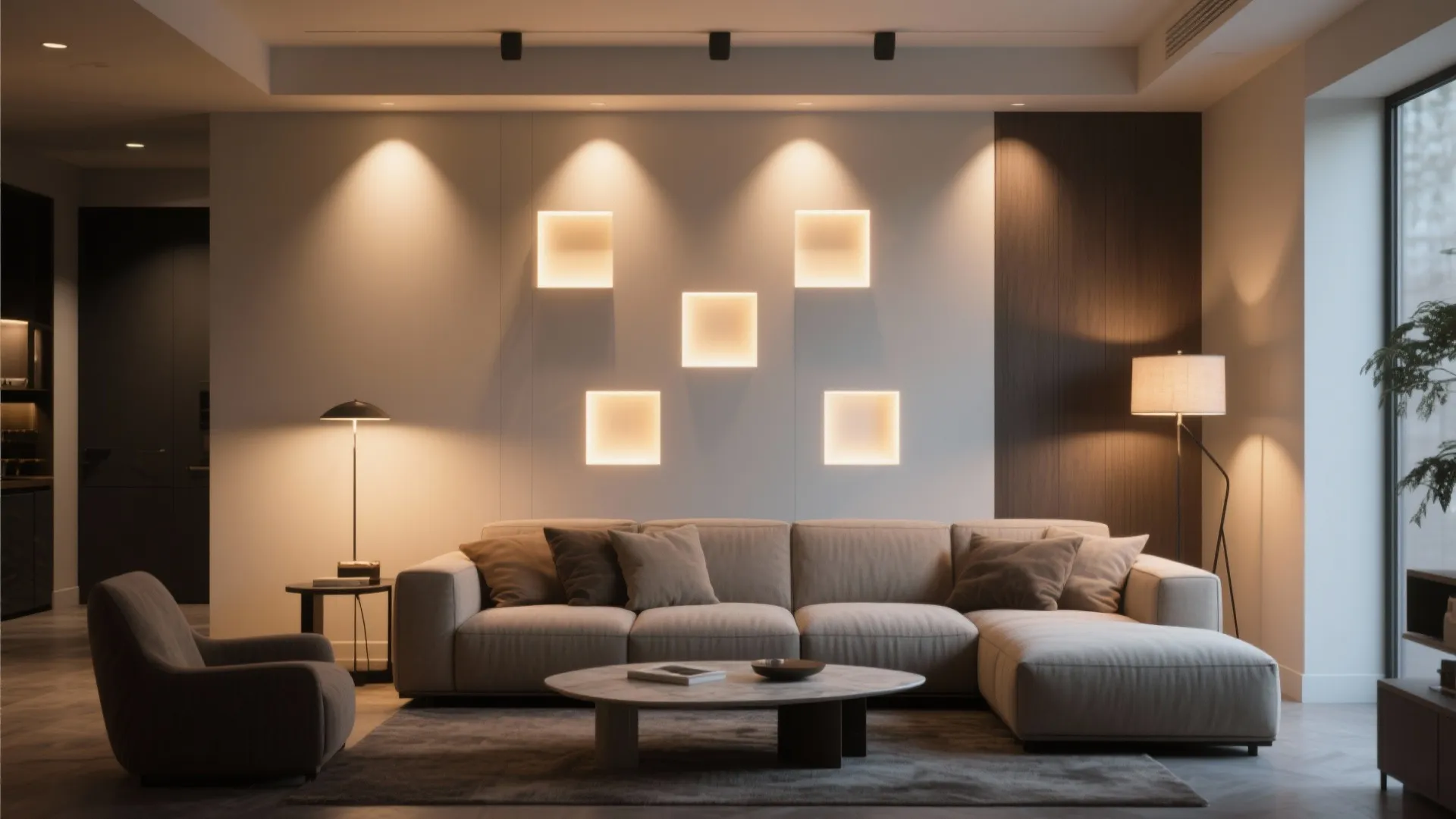Modern living room with beige sofa round coffee table floor lamps and square wall light panels