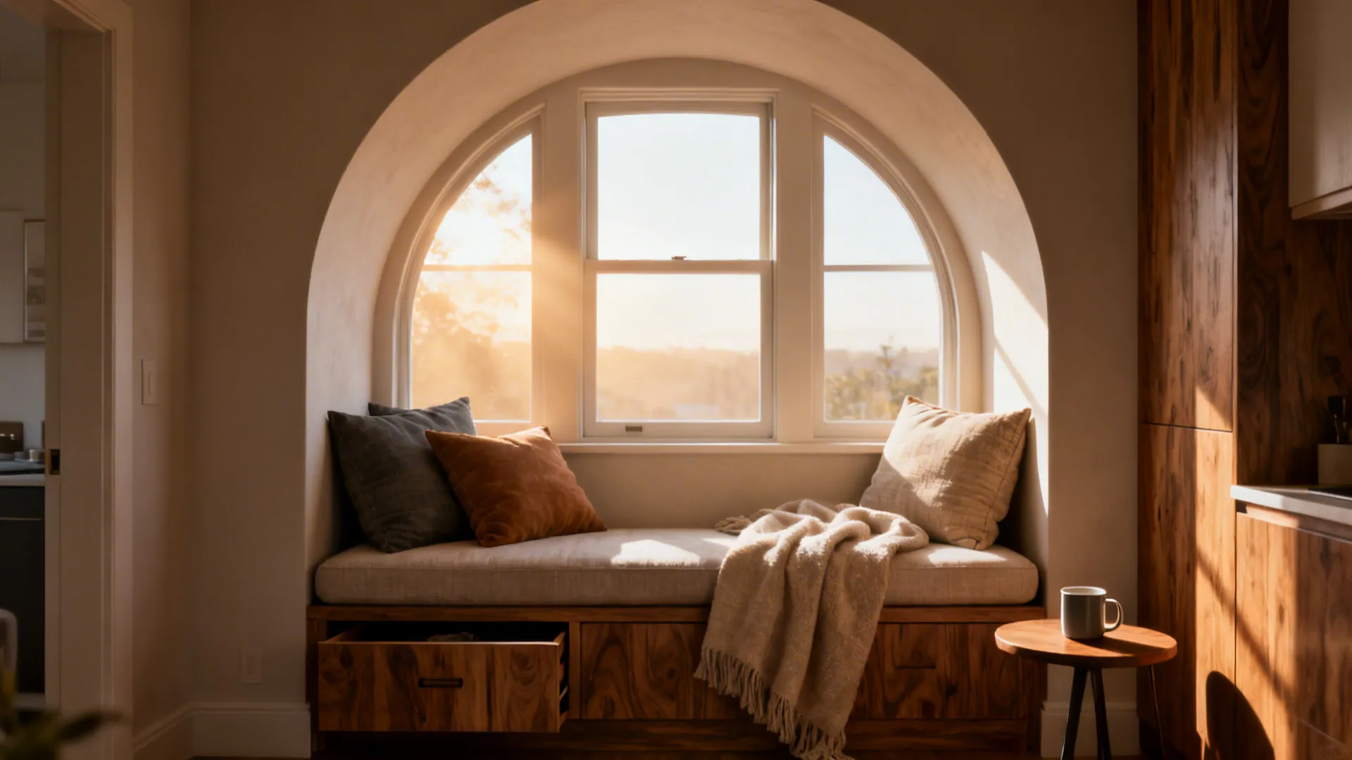 Cozy window seat with pillows and blanket under a large round window with natural sunlight
