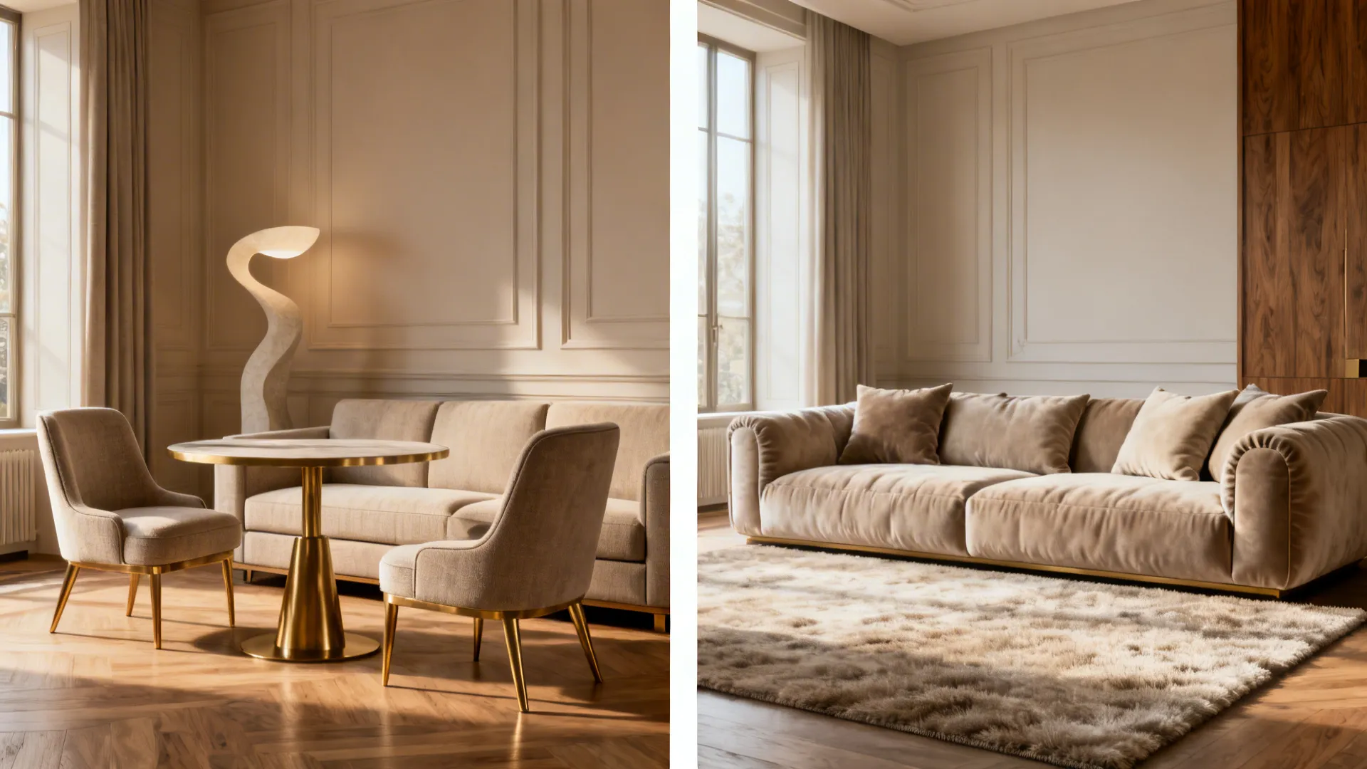 Side-by-side room setups comparing upright conversation seating with a deep, lounge-friendly sectional.