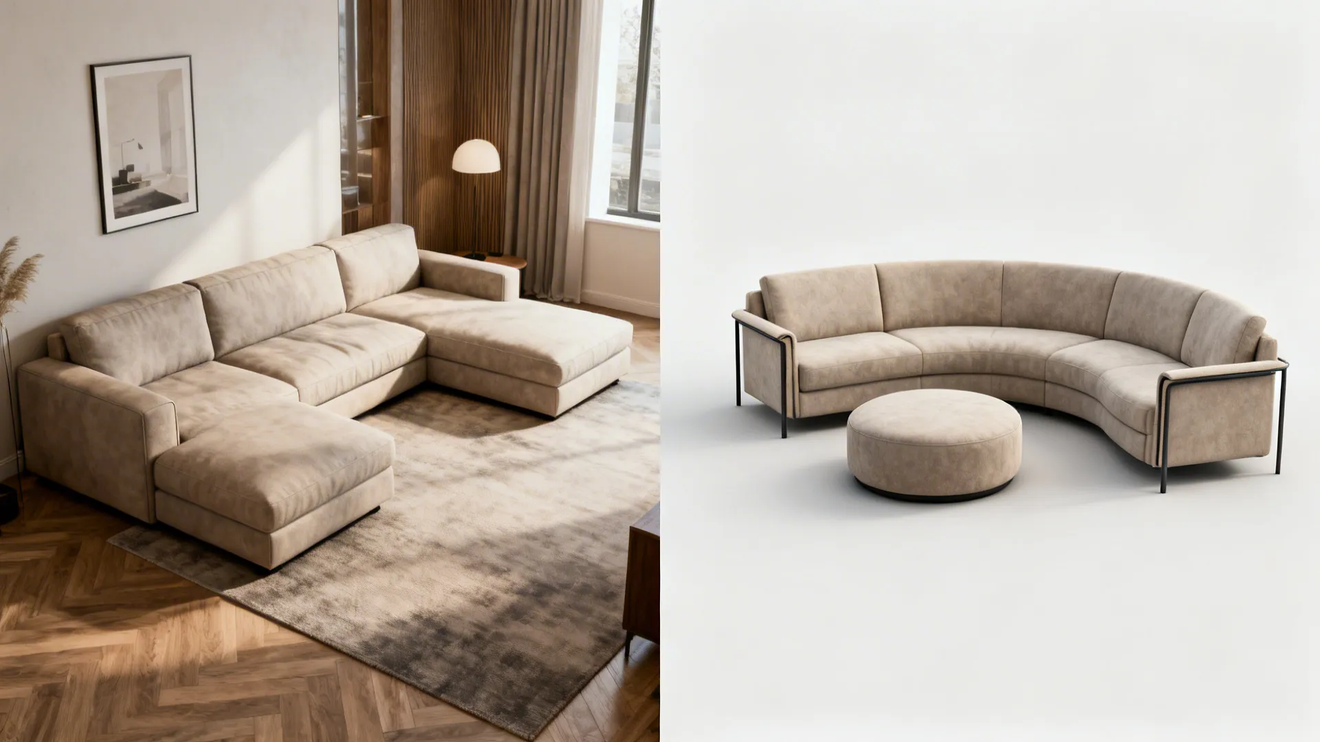 Before-after of seating switch to a compact curved sofa improving space flow.