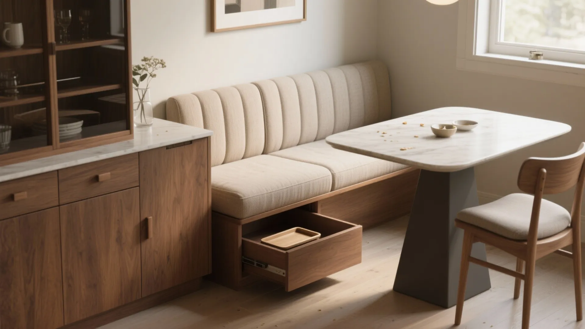Dining area featuring a built in bench with storage drawer next to a marble top table