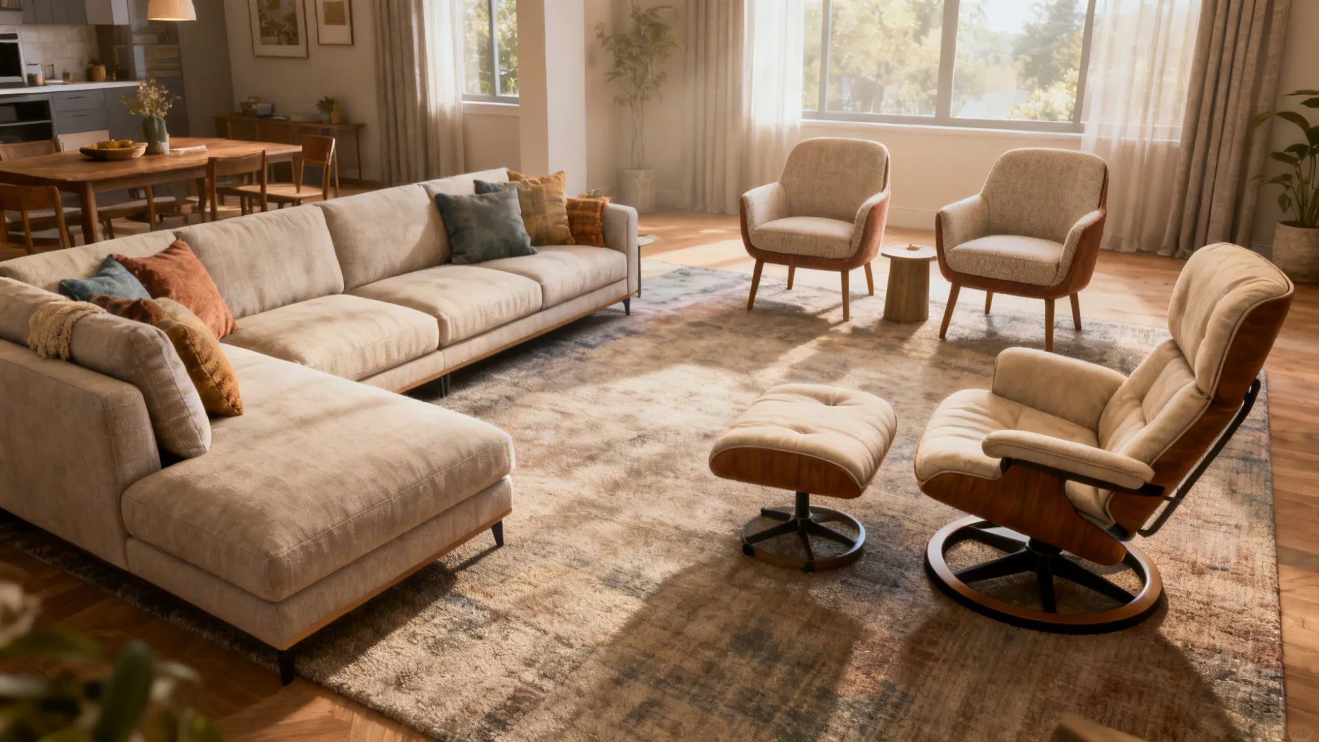 Living room showing a sectional for lounging and a sofa with chairs for conversation.