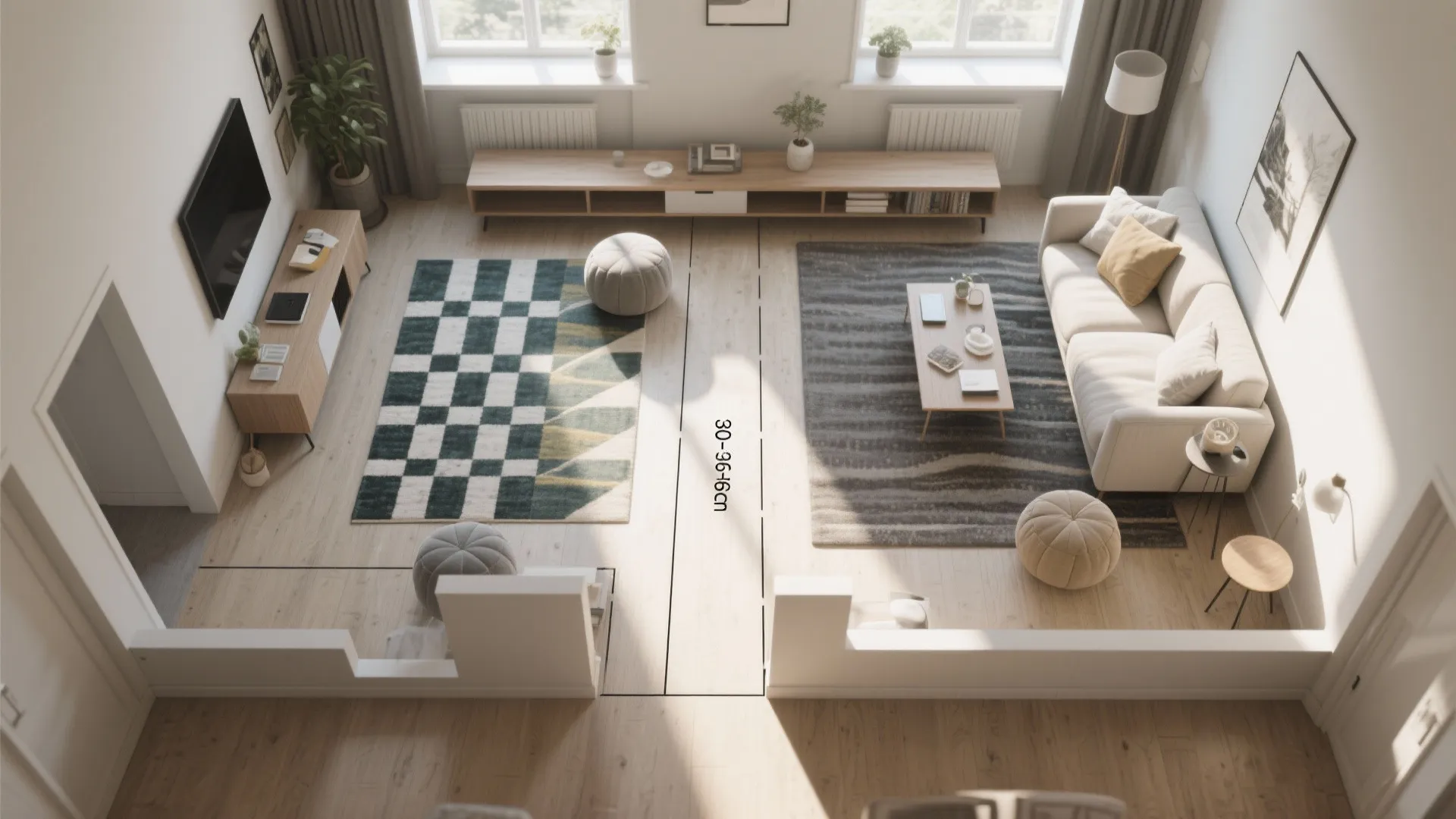 Modern living room layout design showing sofa area with rugs and measured walkway circulation space