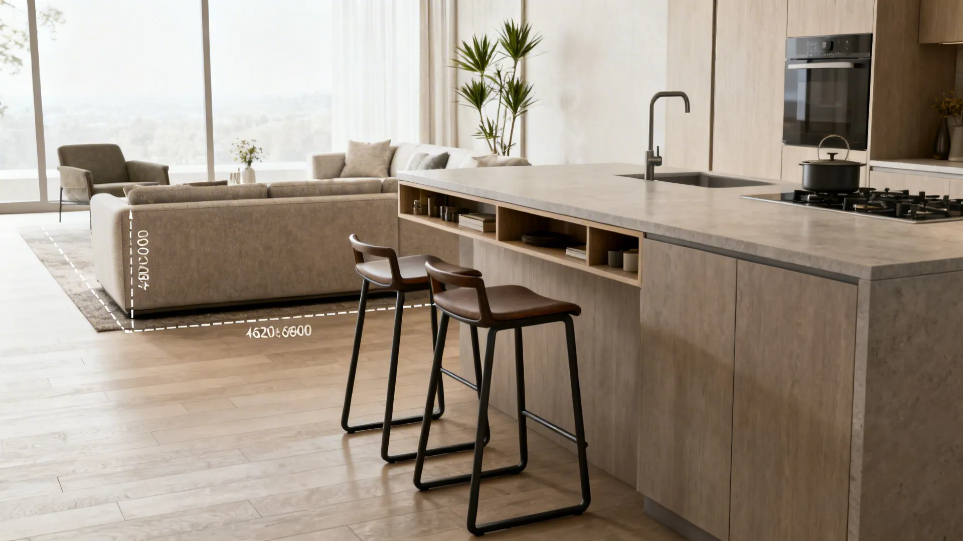 Backless stools tucked under island with ample clearance to the sofa and slim storage on the island side