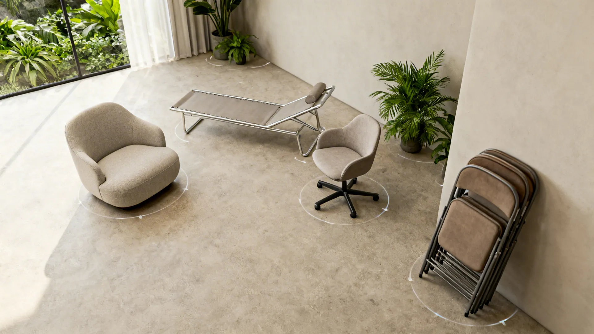 Small living room showing multiple chair styles with recommended circulation space