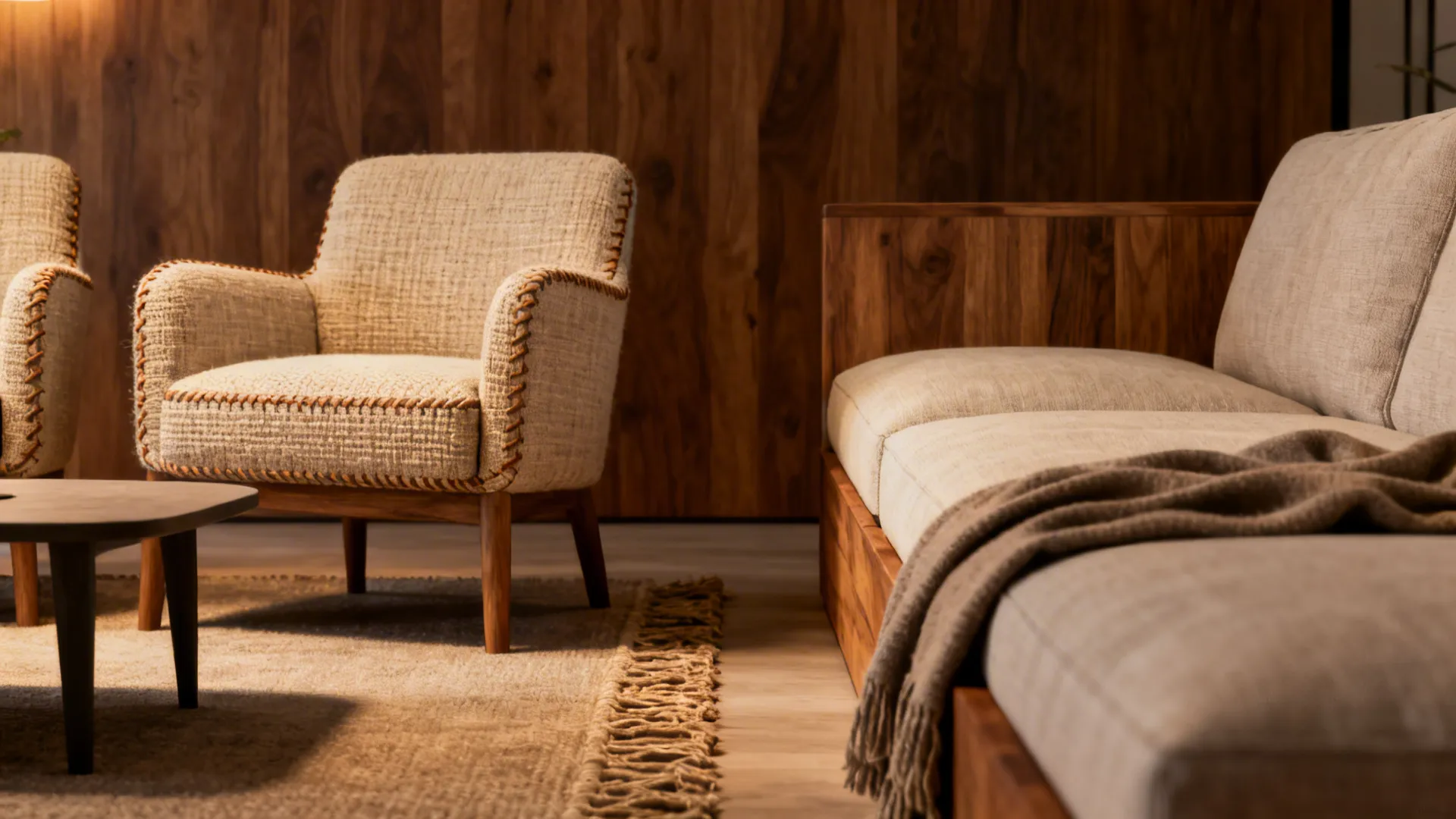 Close-up showing refined chairs and a durable modular sectional separated by a rug, highlighting materials and scale.