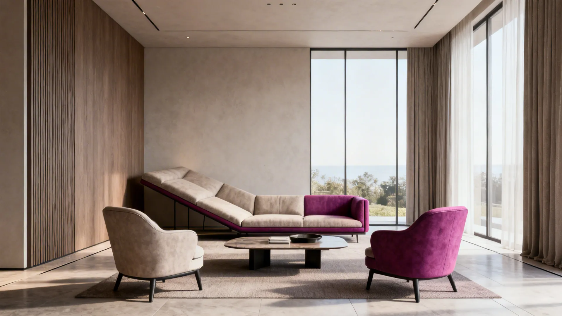 Sofa pulled into room with two accent chairs forming a conversational cluster and clear pathways.