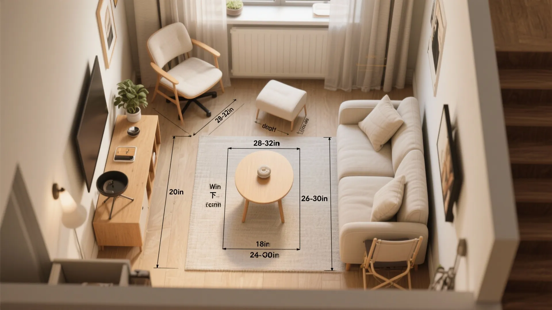Top-down diagram of a small living room with seating clearances and recommended chair dimensions.