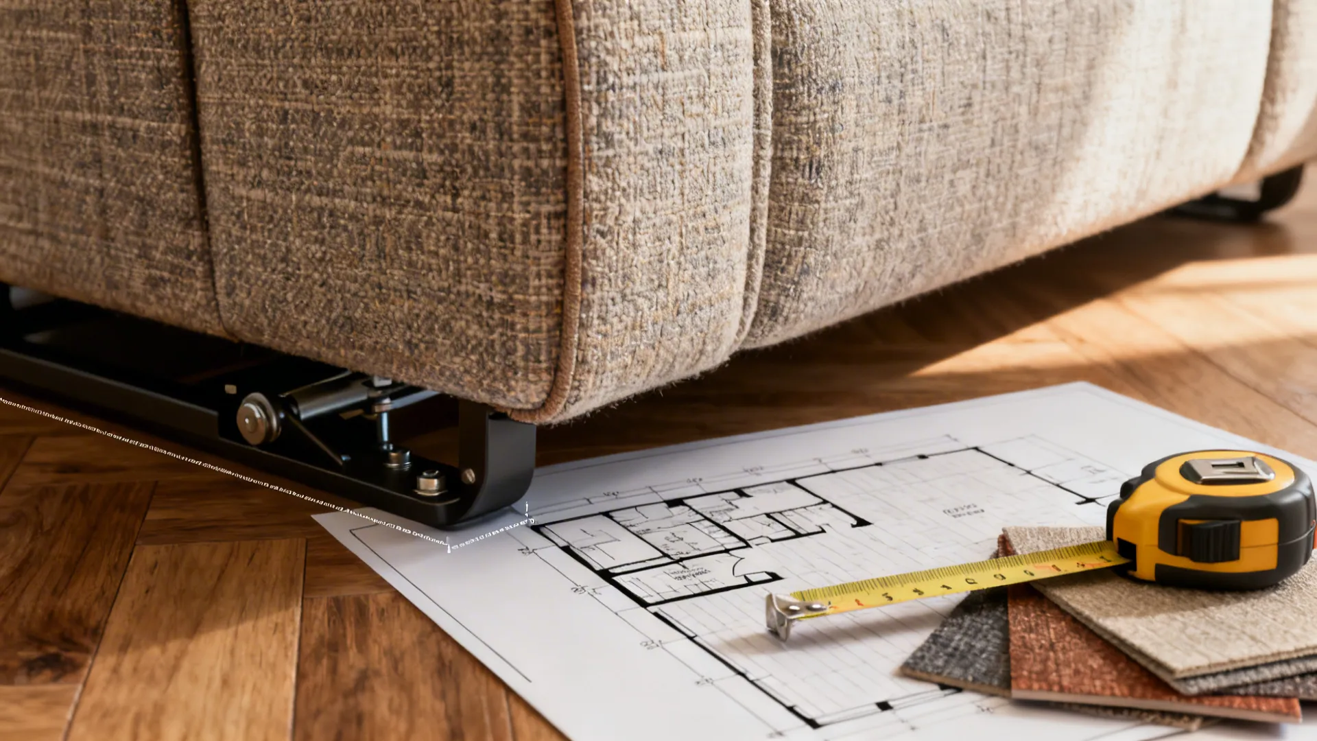 Close-up of upholstery textures, measuring tape and floor swatches illustrating seating clearance planning.