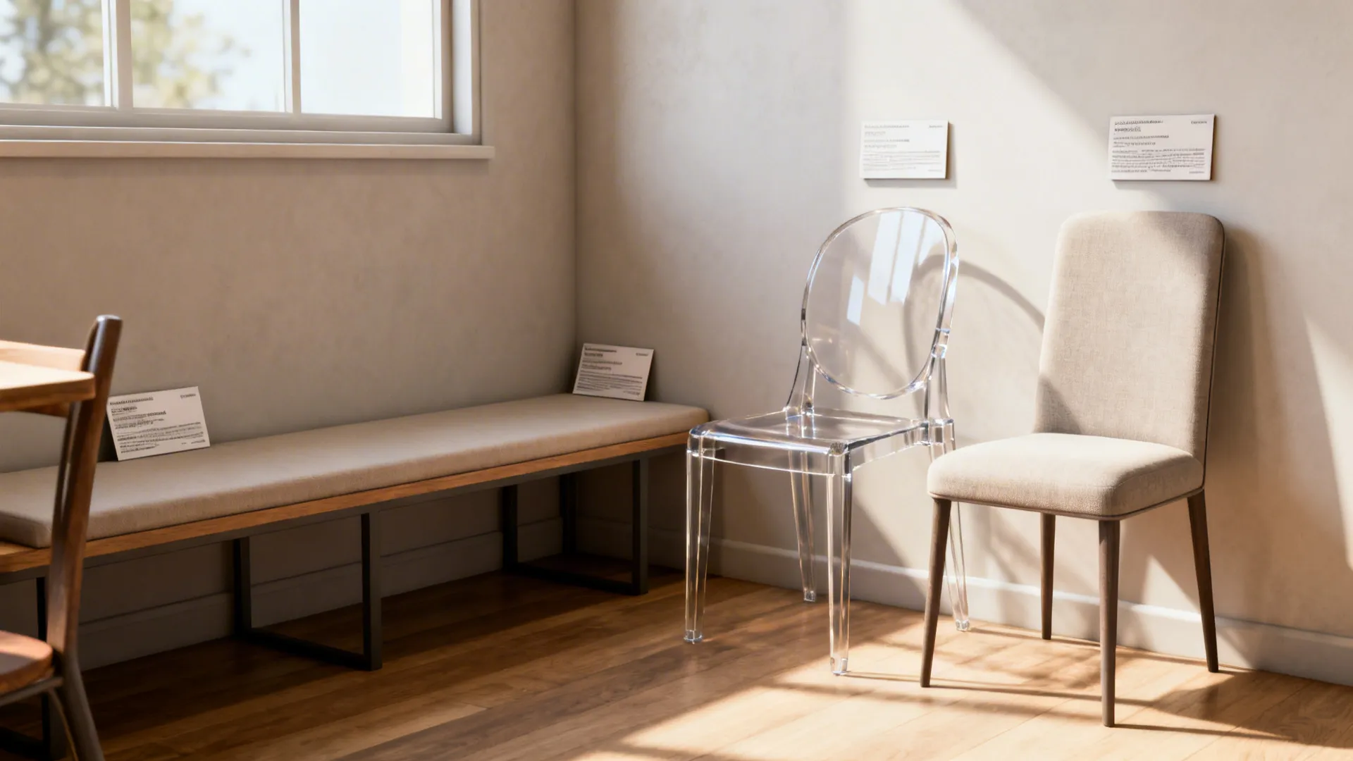 Corner showing bench, armless, clear and slim upholstered chairs as seating examples