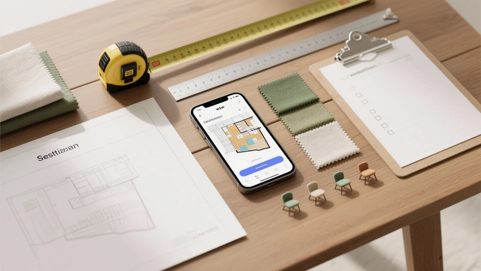 Smartphone showing floor plan app on desk with measuring tape and interior design fabric samples