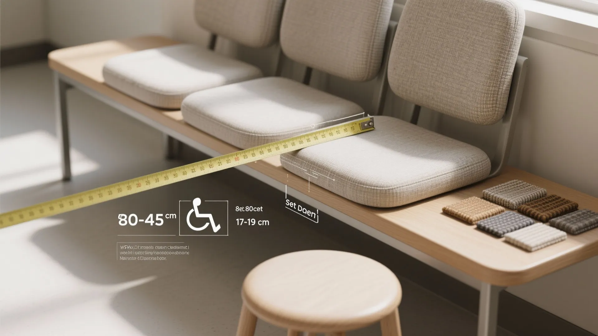 Measuring tape across neutral chair cushions with accessibility symbols and fabric samples for seating design