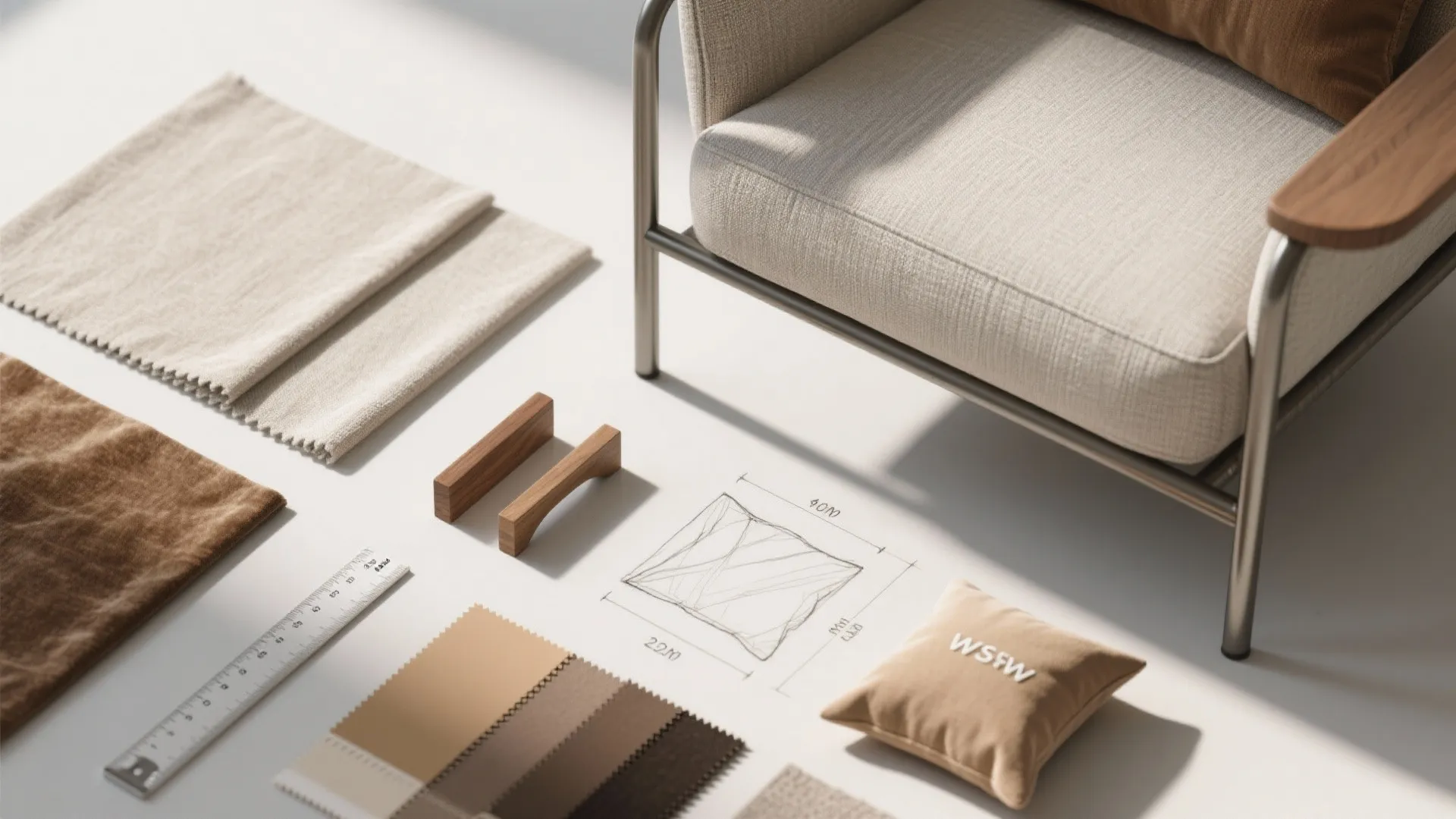 Top-down flatlay of fabric swatches, wood and metal samples, measuring tape and color chips for choosing small-space seating.