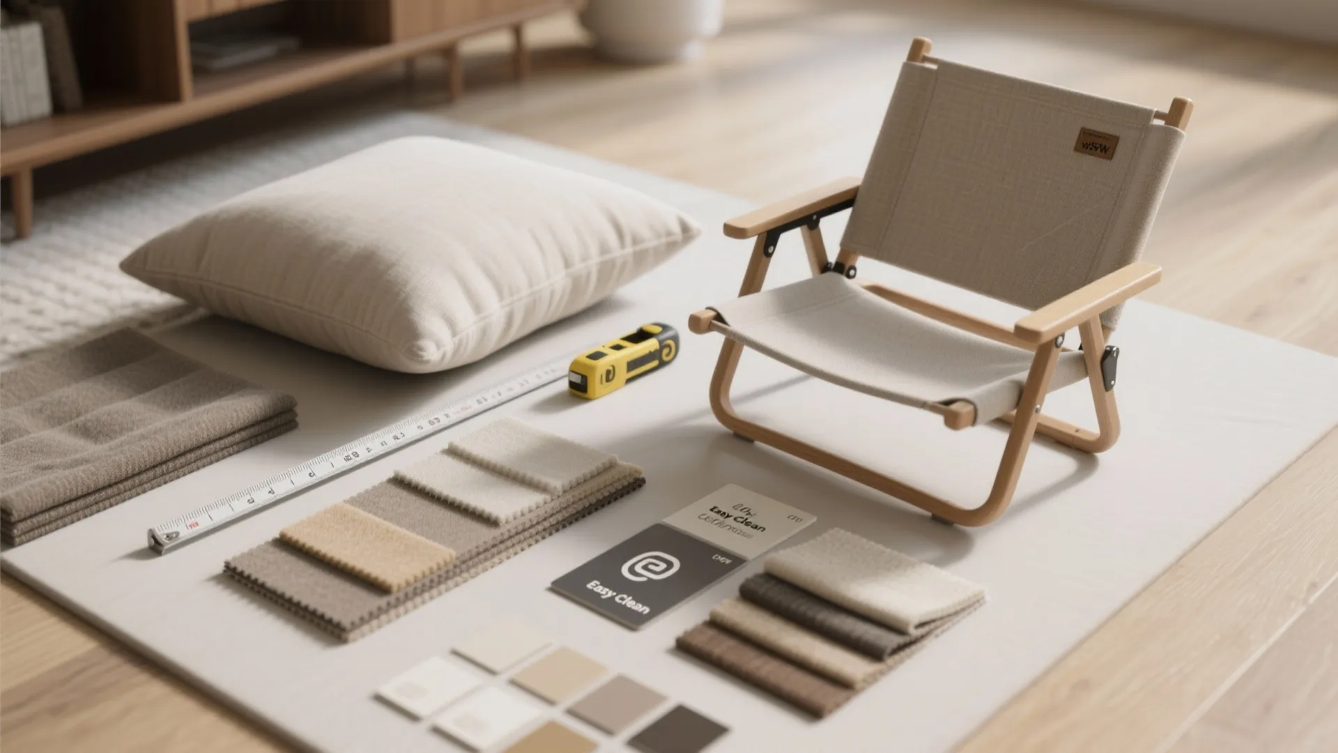 Interior design mood board with miniature chair pillow fabric samples tape measure and color swatches