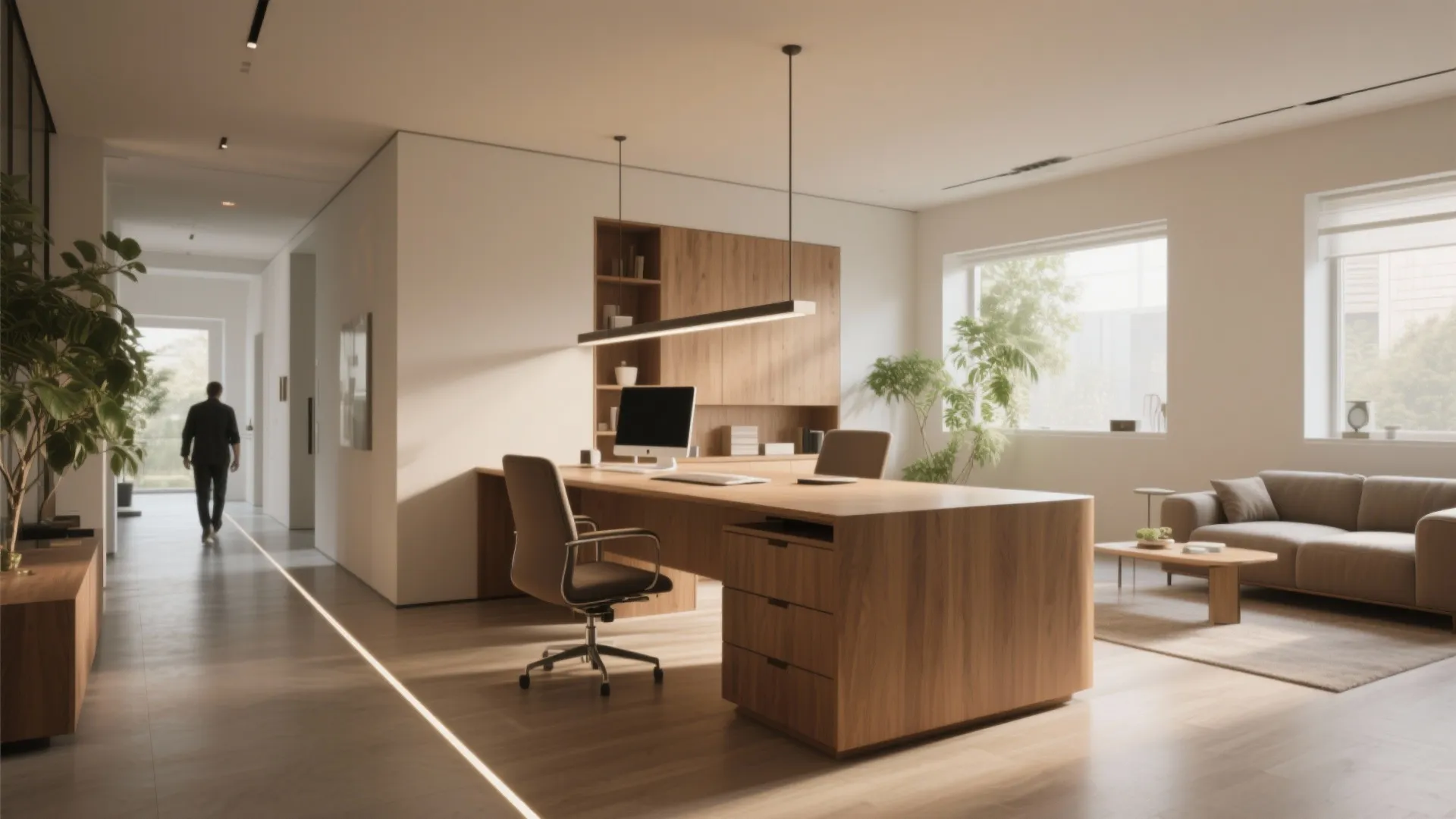 Modern home office with large wooden desk two chairs sofa and long black ceiling light