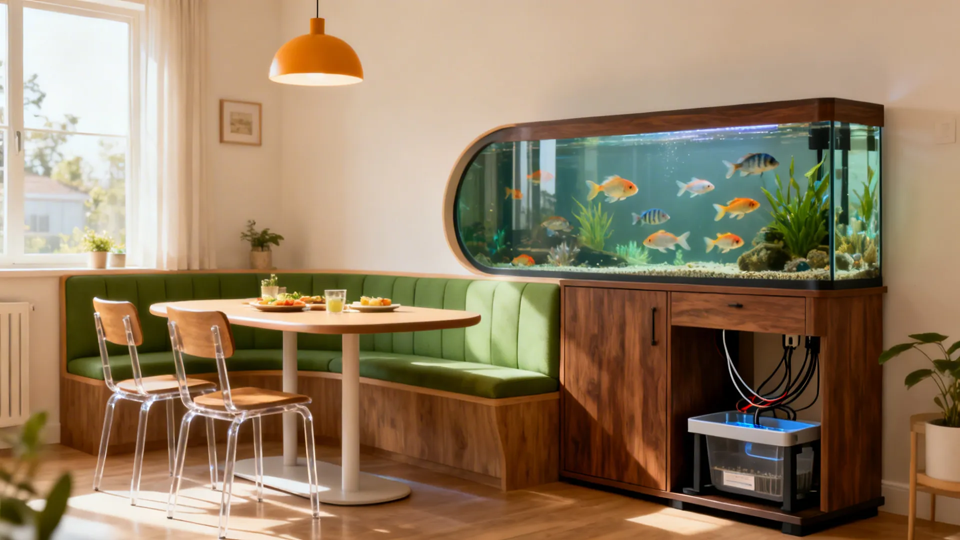 Dining nook with a bowfront aquarium, rounded furniture edges, and clear child-friendly circulation.