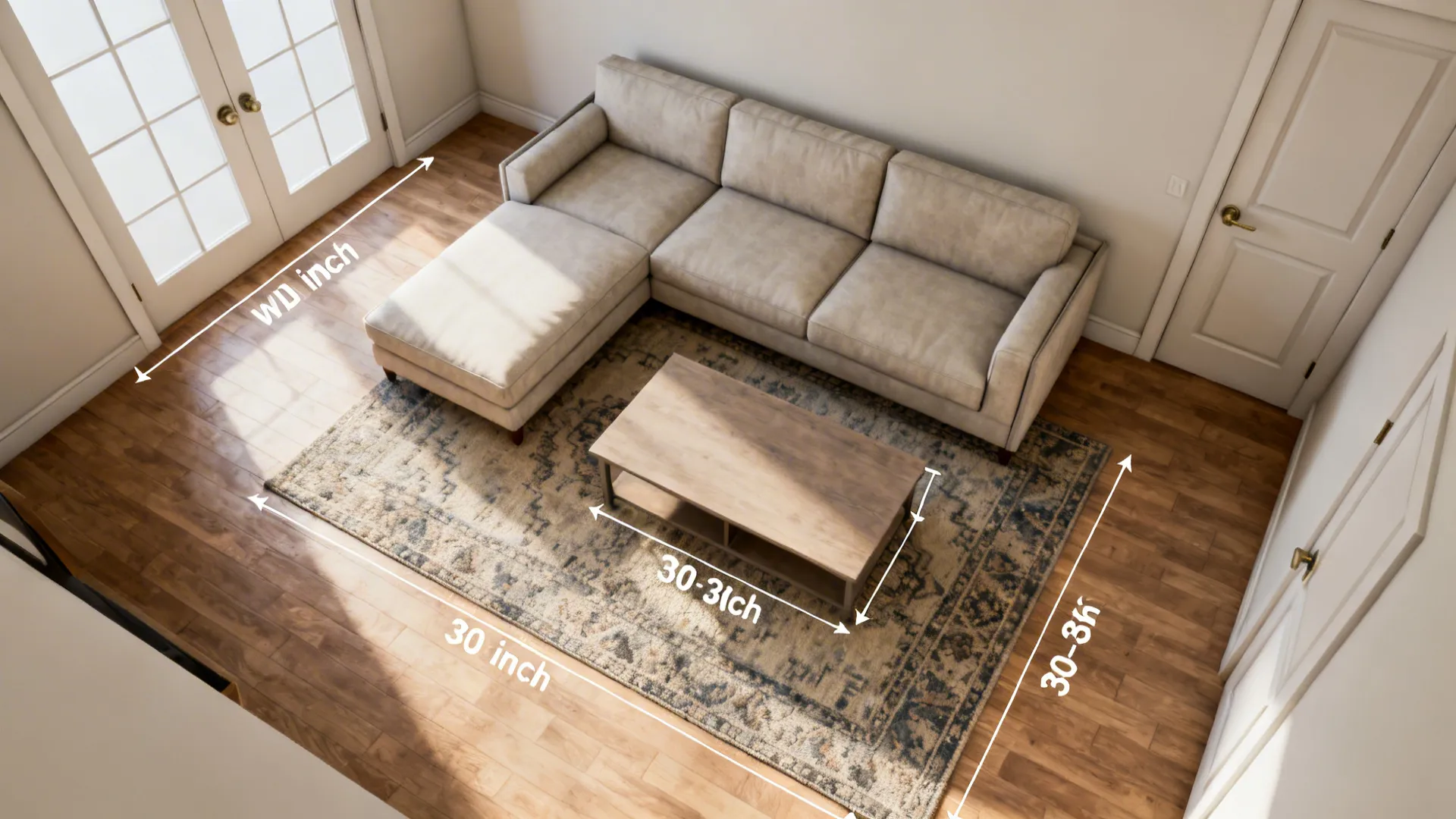 Top-down layout showing a compact sectional, rug, coffee table, and clear walkways.