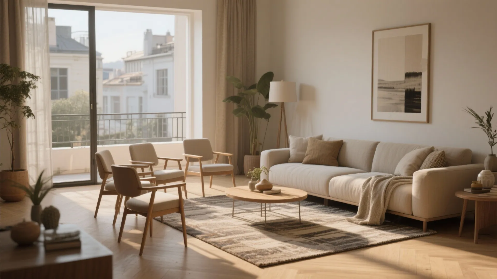 Modern living room with a large sofa plus four wooden chairs around a round table