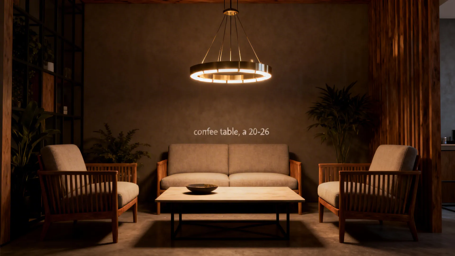 Modern living room with circular ceiling light two wooden armchairs a sofa and coffee table