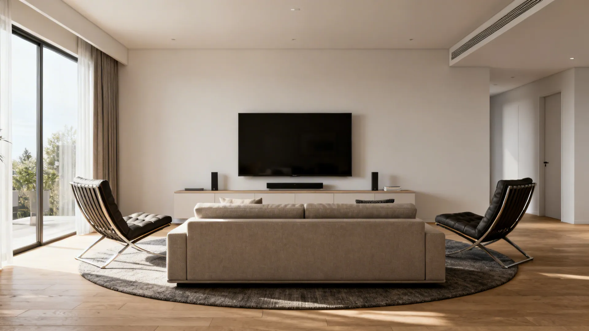 Living room layout featuring beige sofa two black chairs round rug and large bright window