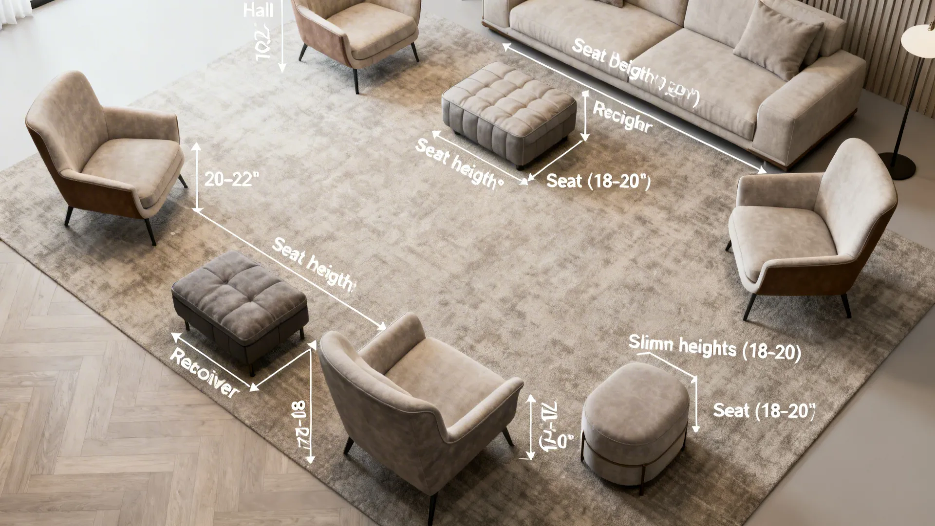 Top-down living room layout illustrating seating dimensions and placements for tall users.