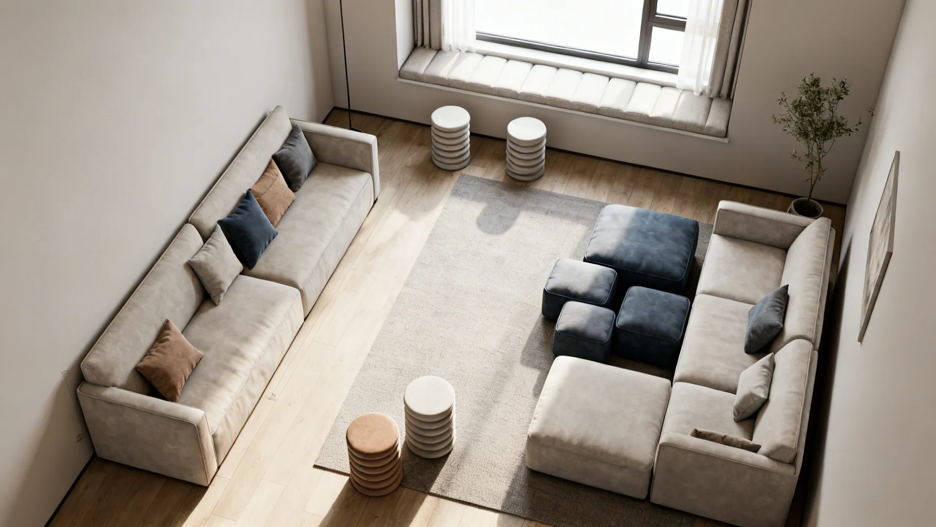 Top-down layout of a narrow living room with multiple flexible seating options and measured clearances