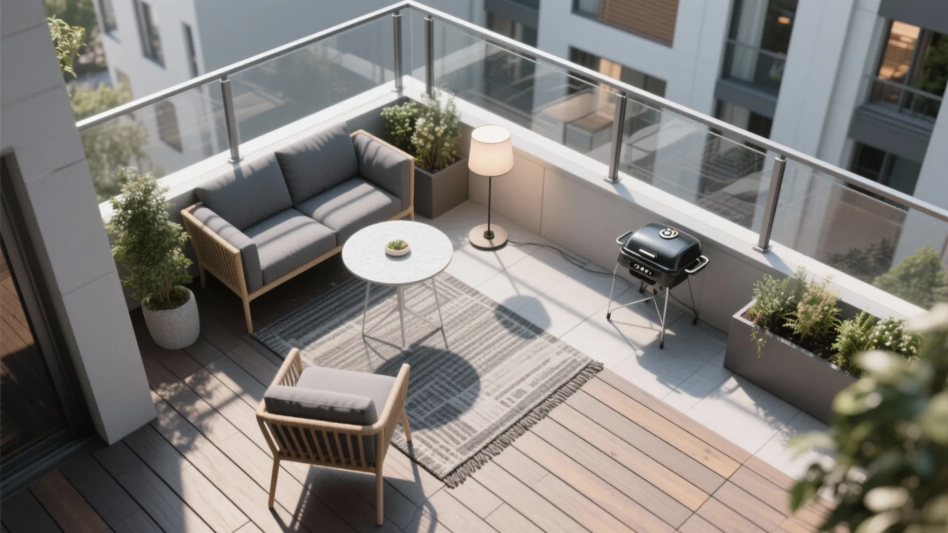 Modern outdoor balcony with grey sofa wooden chair white table rug lamp and black cooking grill