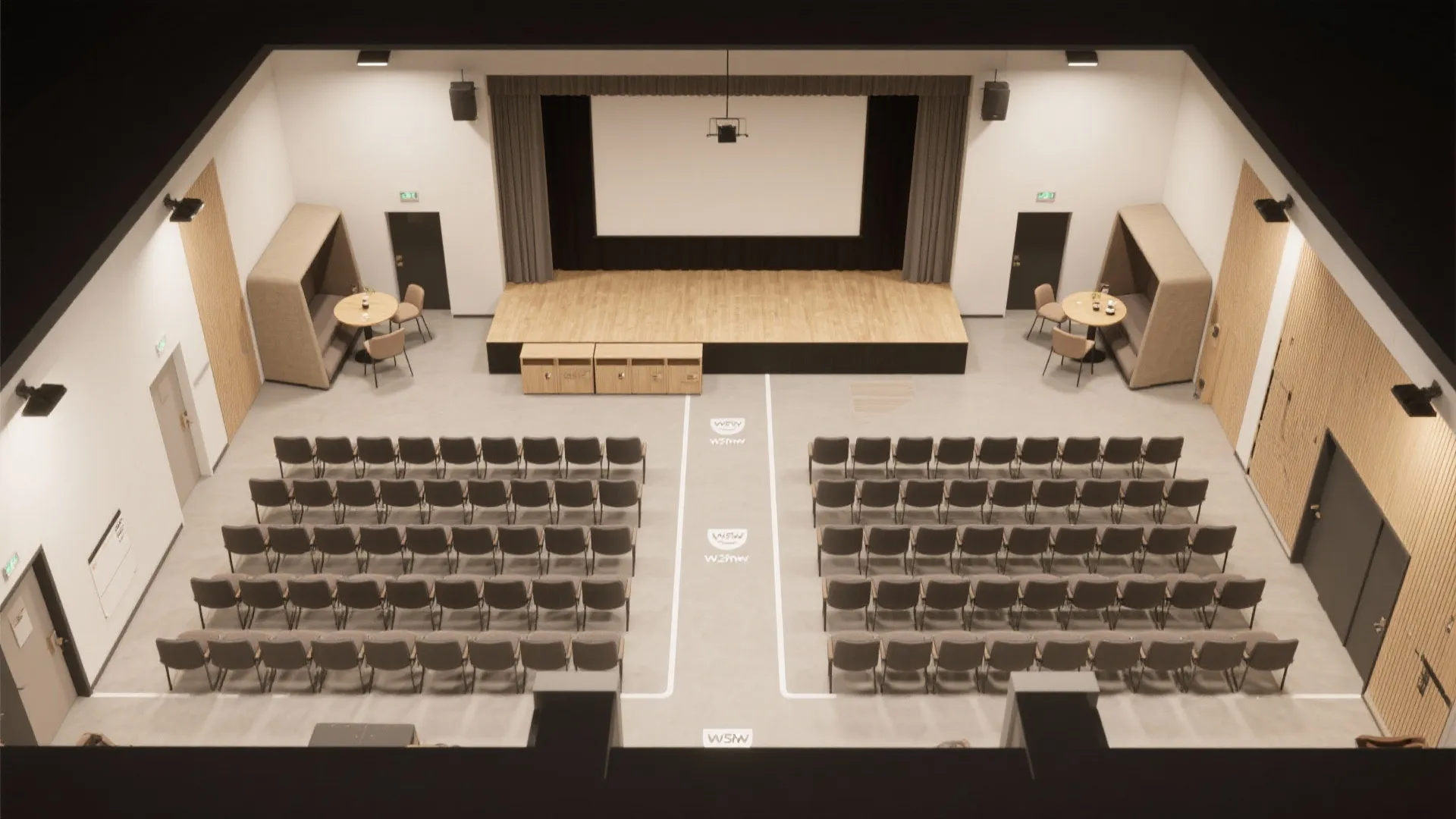 Top down view of room layout showing stage screen and rows of chairs for events