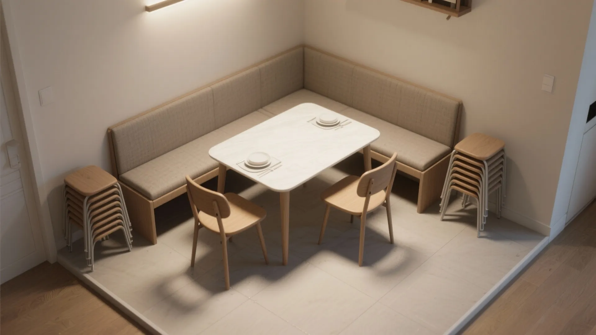 Flexible seating: benches and stackable chairs