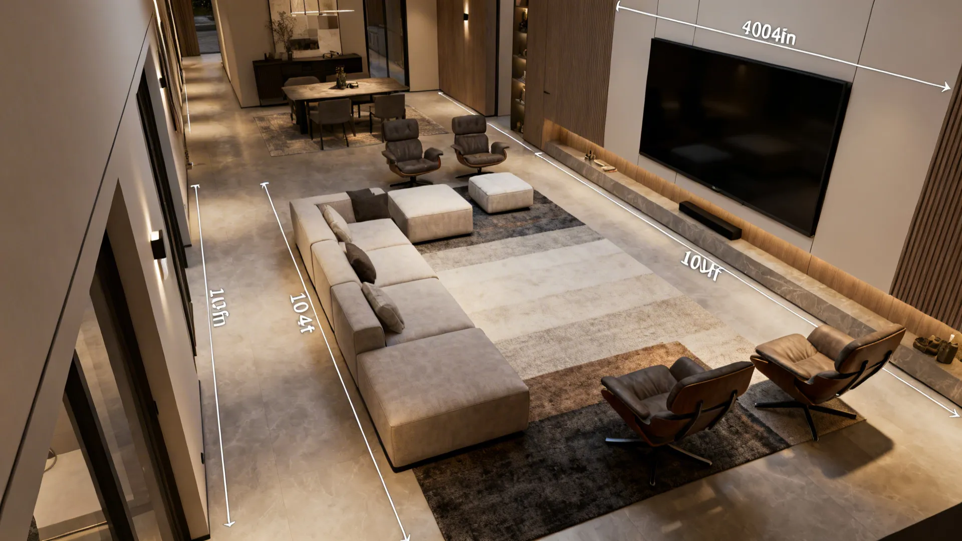 Top-down plan of a narrow living room showing modular seating and viewing distance for a 100-inch TV