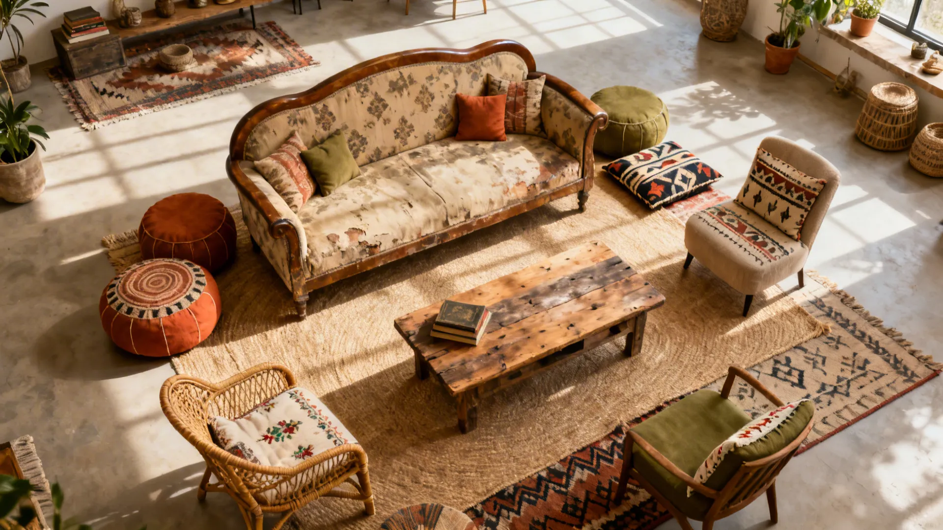 Top-down view of a flexible boho seating plan with modular pieces, poufs and a sofa anchor.