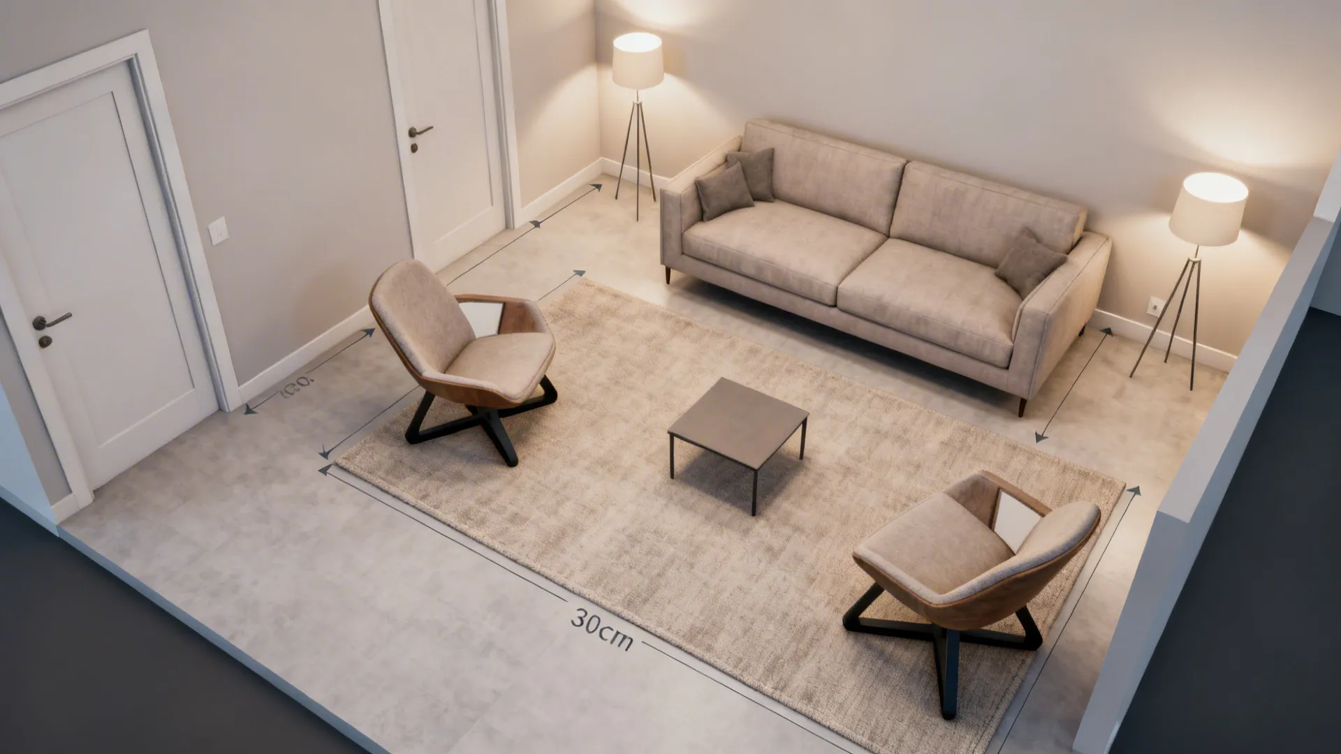 Top-down view of compact seating layout with clearances and zoned rug.