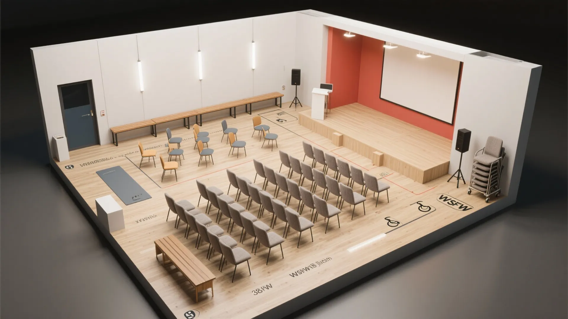 Top-down layouts showing staggered rows, workshop clusters, and open floor in a mini hall.