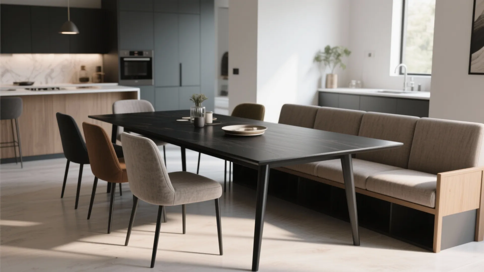 Spacious dining area with long black table mixed chairs long bench and modern open kitchen background