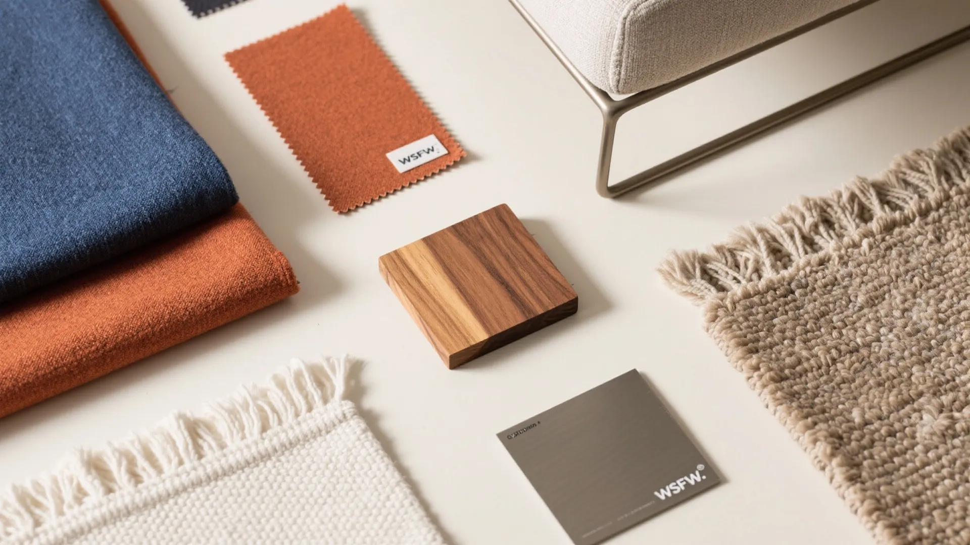 Flat lay of indigo and terracotta fabrics, woven webbing, teak finish, and rug fibers.