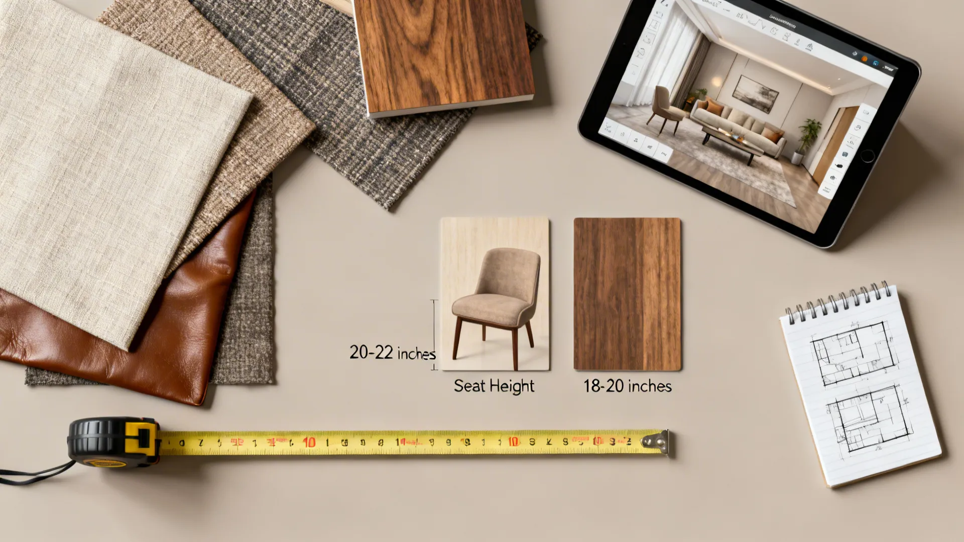 Flatlay of fabric swatches, measurement tape, and layout sketches illustrating tall-friendly seat dimensions.