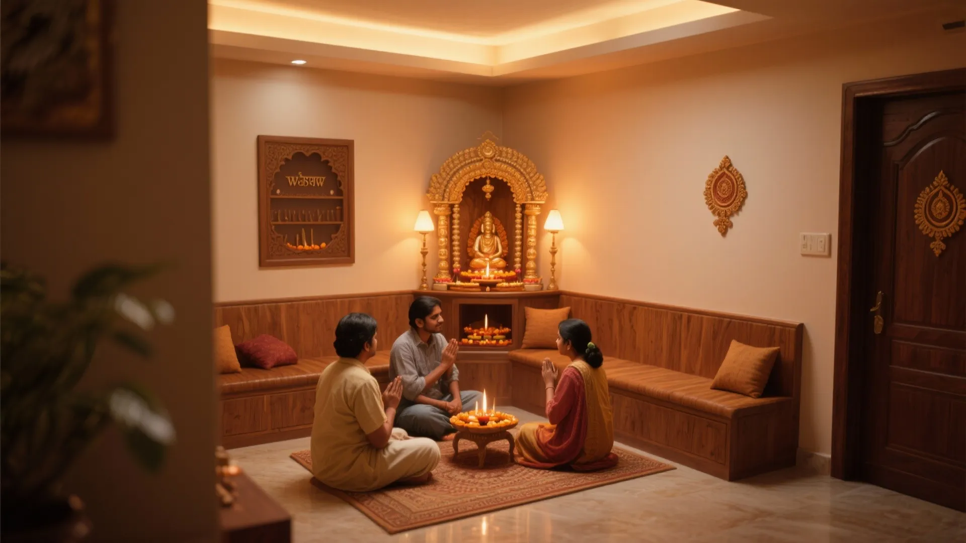 Indian family sitting on rug praying before small wooden home temple with warm light fixtures