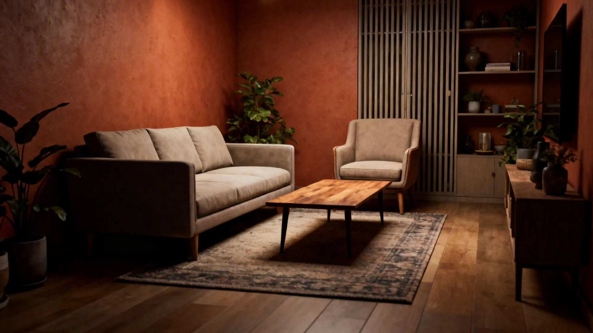 Intimate seating arrangement with angled loveseat and armchair anchored by a rug