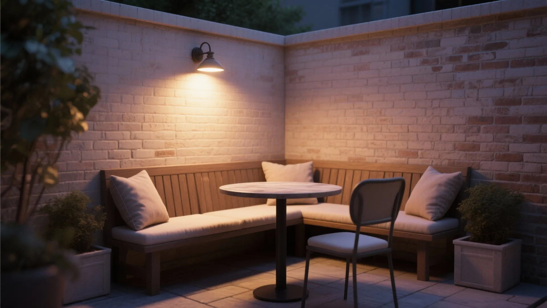 Outdoor seating area with wooden bench round table chair and wall light on brick wall