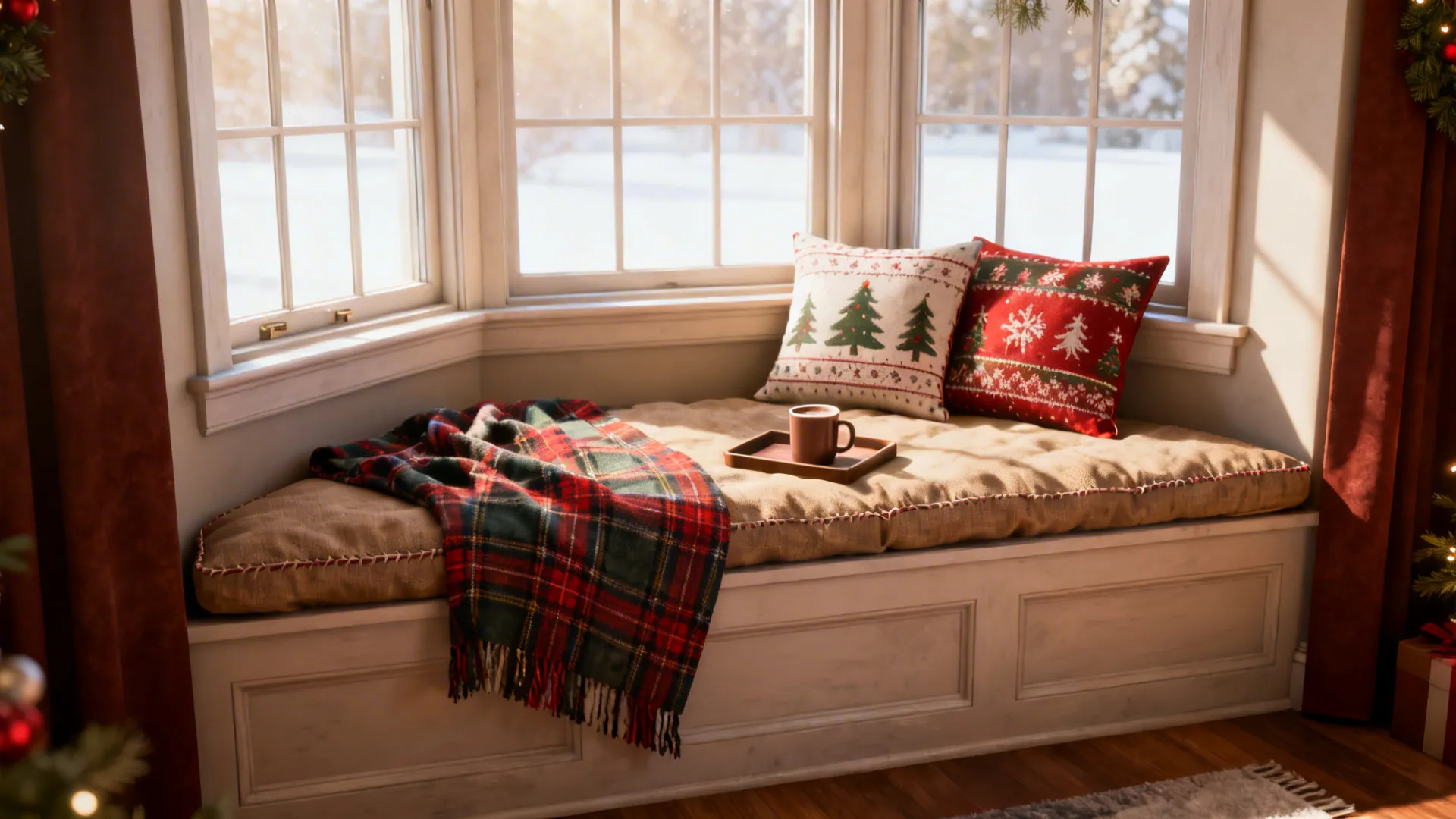 Cozy festive seating nook in a bay window with cushioned pad, plaid throw, and pillows.