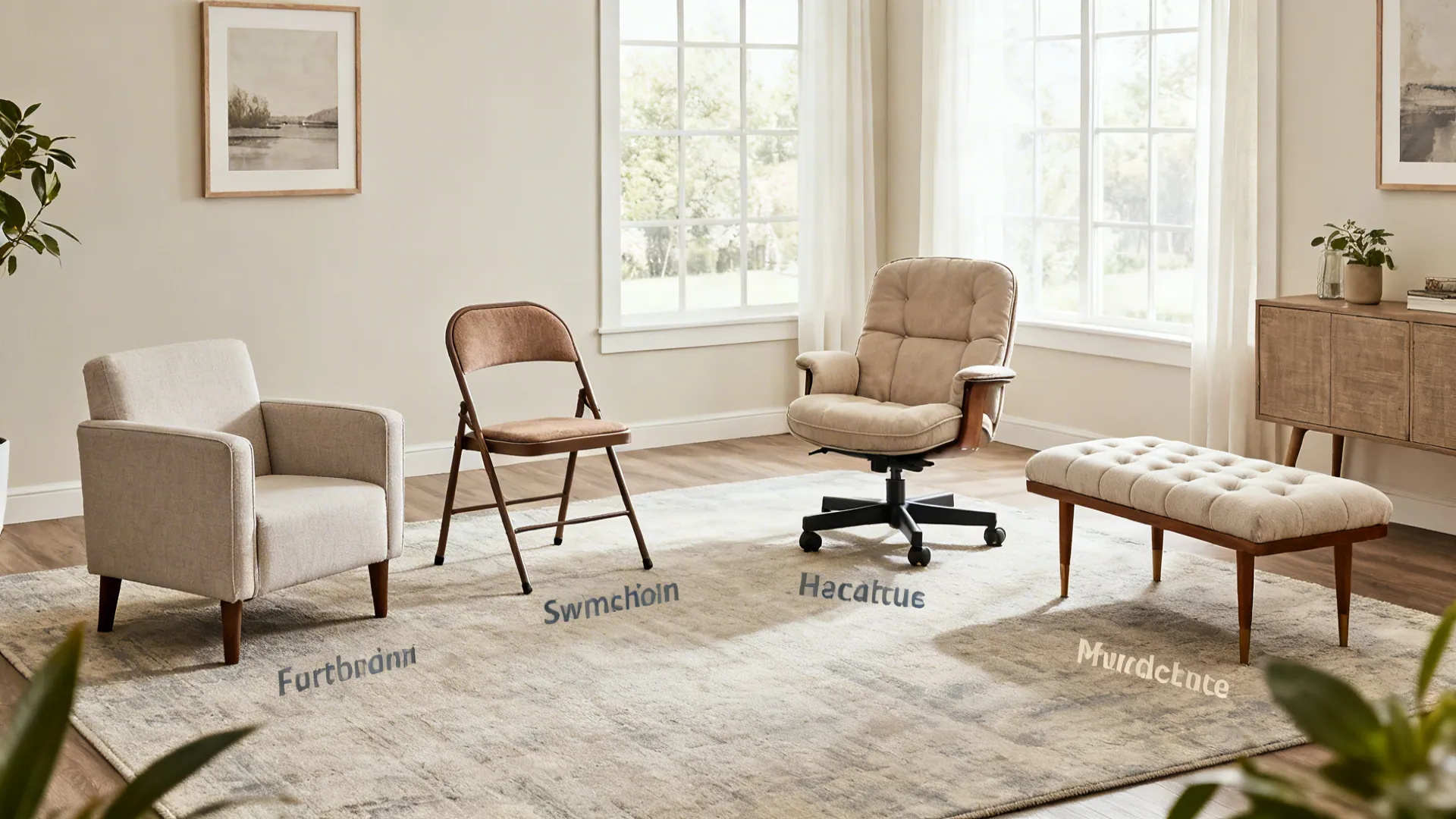 Multiple small seating options arranged in a compact living room for comparison and planning.