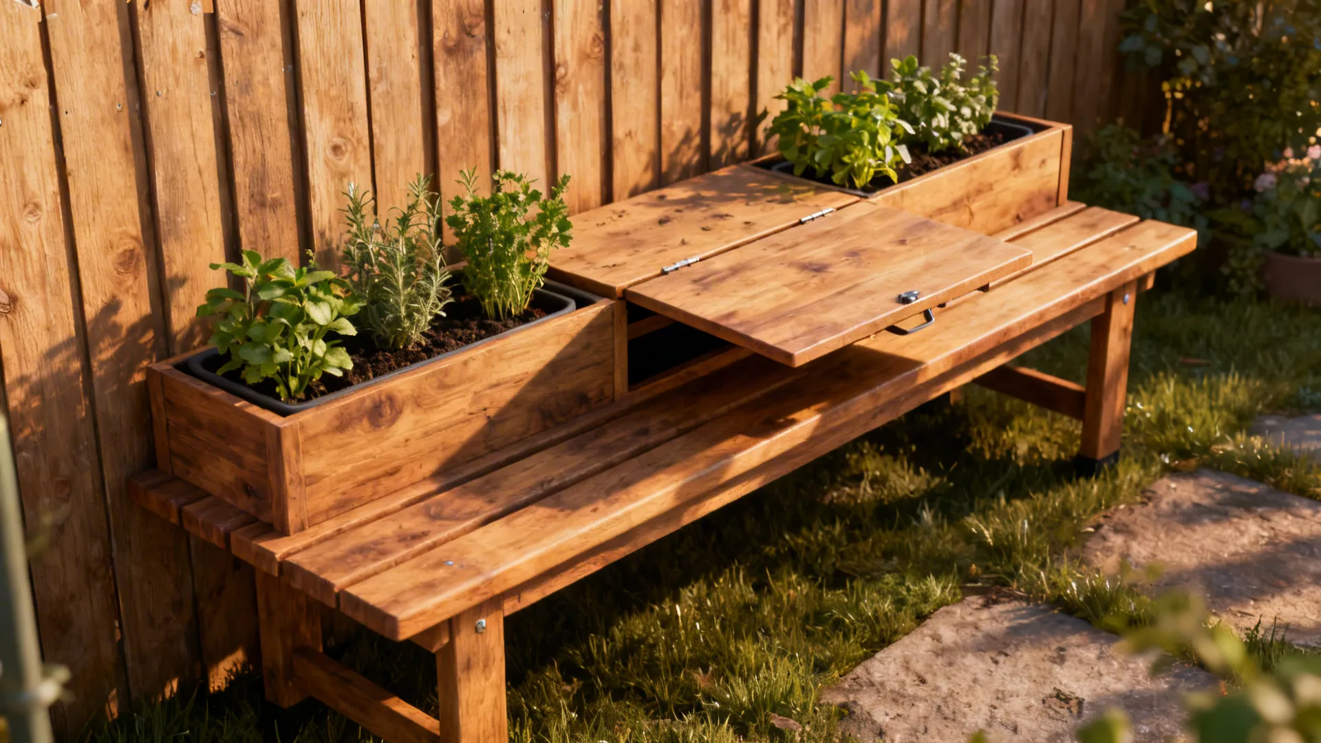 Bench with built-in planters and a hinged potting lid along a fence in a small backyard