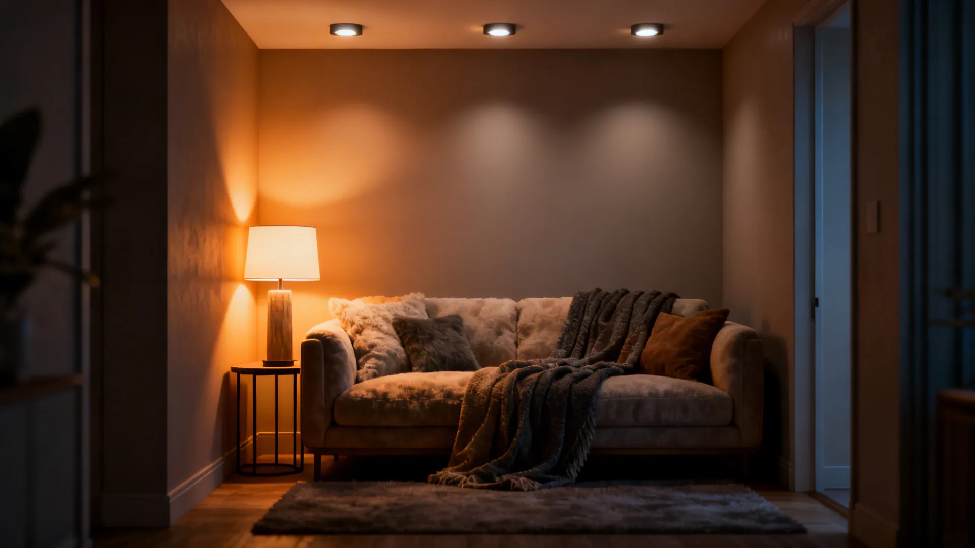 Cozy seating area with a concentrated cluster of recessed lights creating a layered pocket of light.