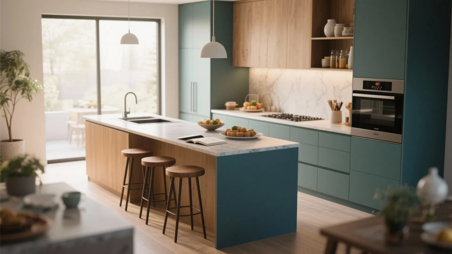 Teal kitchen cabinets with marble island wooden stools white ceiling lights and built in wall oven