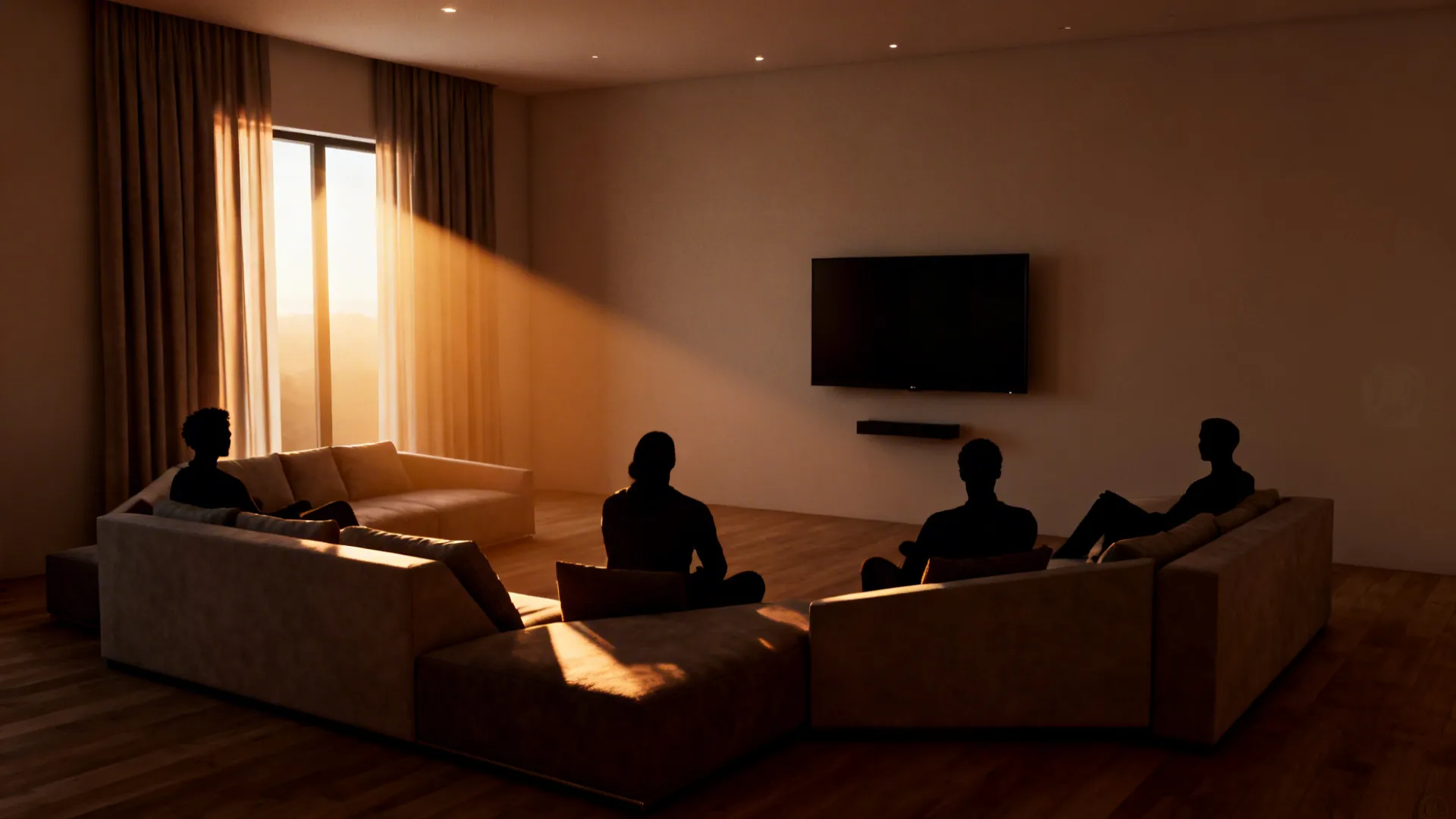 Living room with angled sofa and multiple seats arranged to optimize sightlines to the TV, with window glare control.